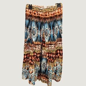 Chicos Silk Blend Tribal Ikat Maxi Skirt Size 3 Plus Blue Orange Boho Tiered